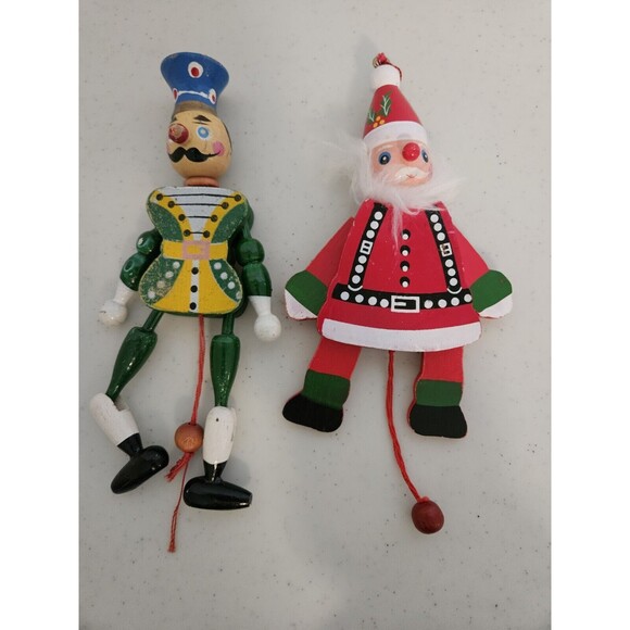 2 Vintage M. Gschnitzer Austrian Wooden Pull String Jointed Nutcracker Santa